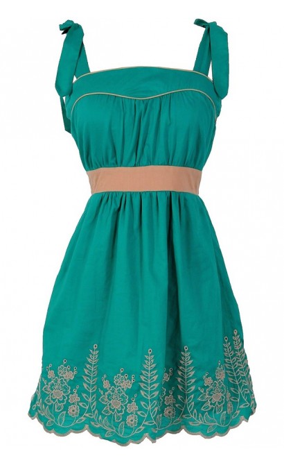 Shoulder Tie Embroidered Designer Dress in Jade